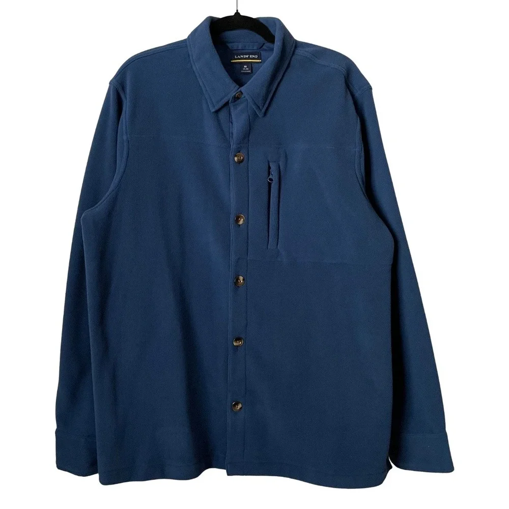 Lands End Shirt Jacket Mens Medium Blue Fleece Button Up Long Sleeve Shacket‎